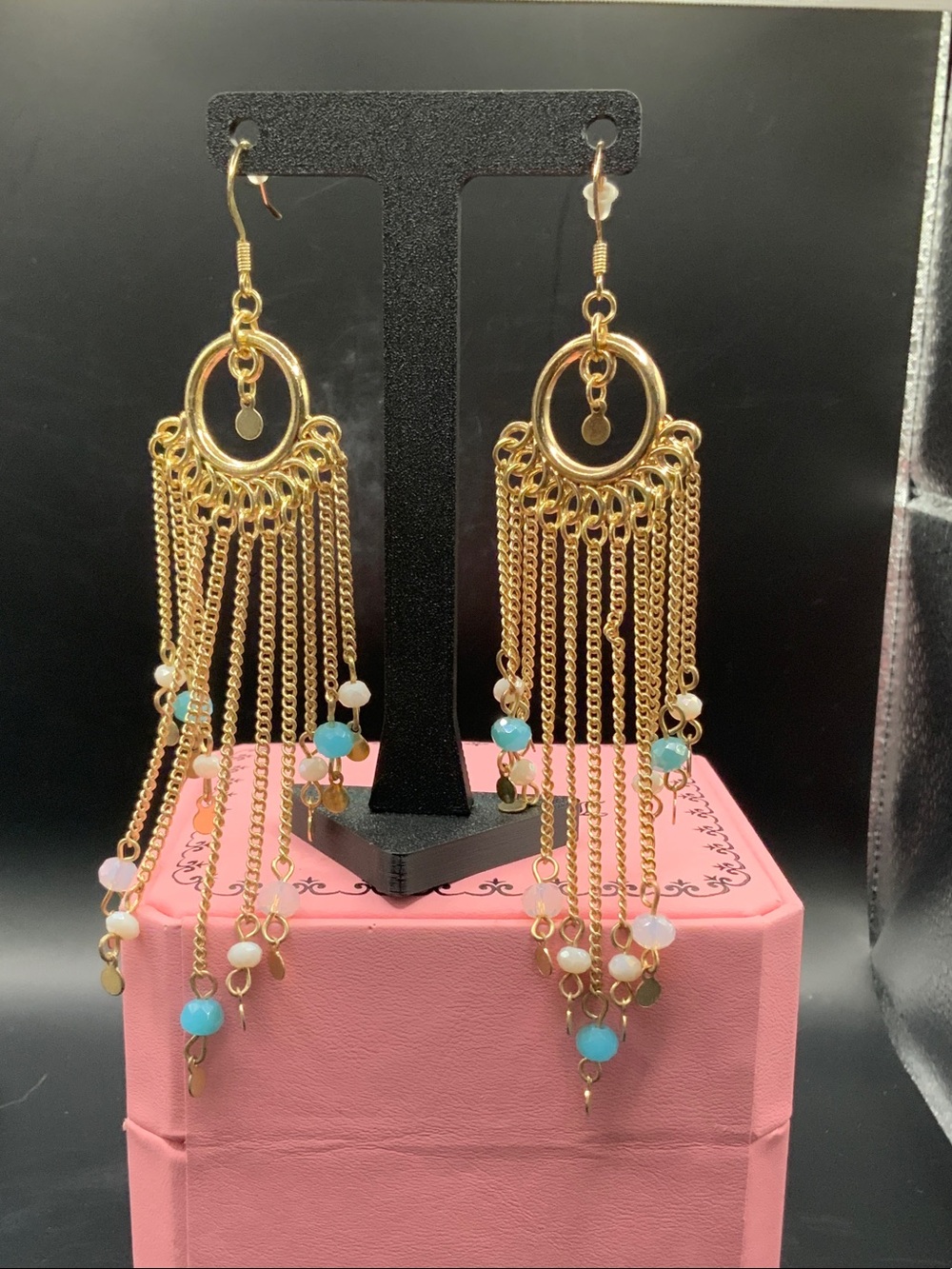 Gold Fringe Hoop Earrings with Aqua and White Beads